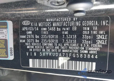 2015 Kia Sorento Ex V6 из США, поврежденный, VIN 5XYKUDA71FG583844